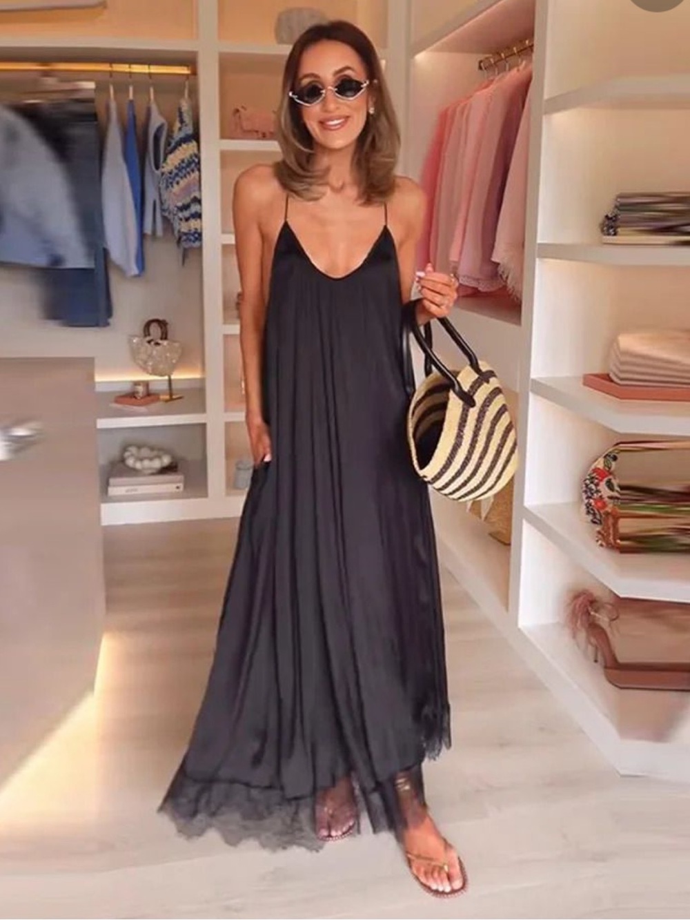 Zara Black Slip Maxi Dress with Lace Trim